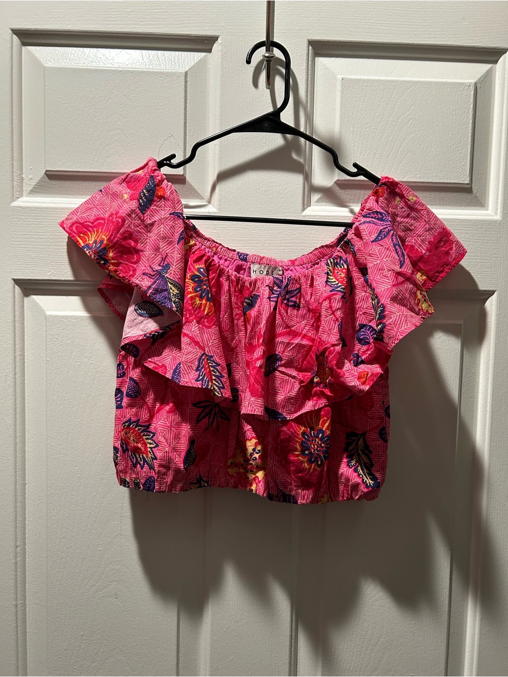 RHODE Pink Leaf Floral Ruffle Off-Shoulder Crop Top Size Medium